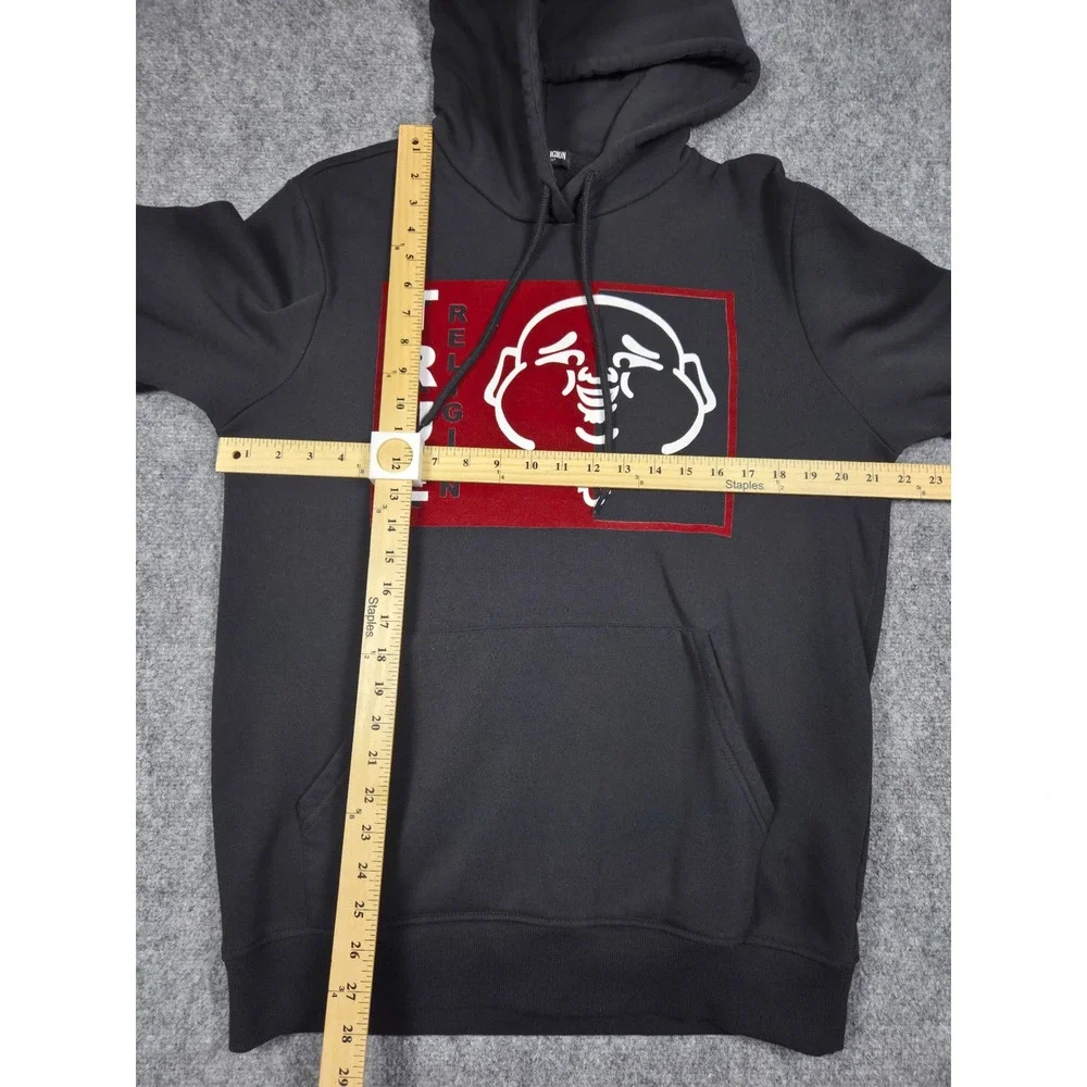 True Religion Hoodie Mens Medium Black Buddha Flocked Pullover Sweatshirt